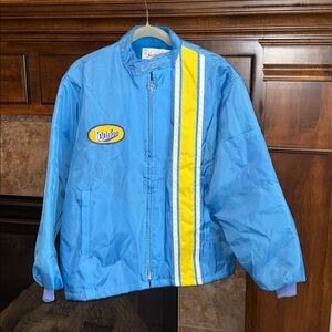 Vintage retro Bandag blue fuzzy lined coat yellow racing stripe logo patch L